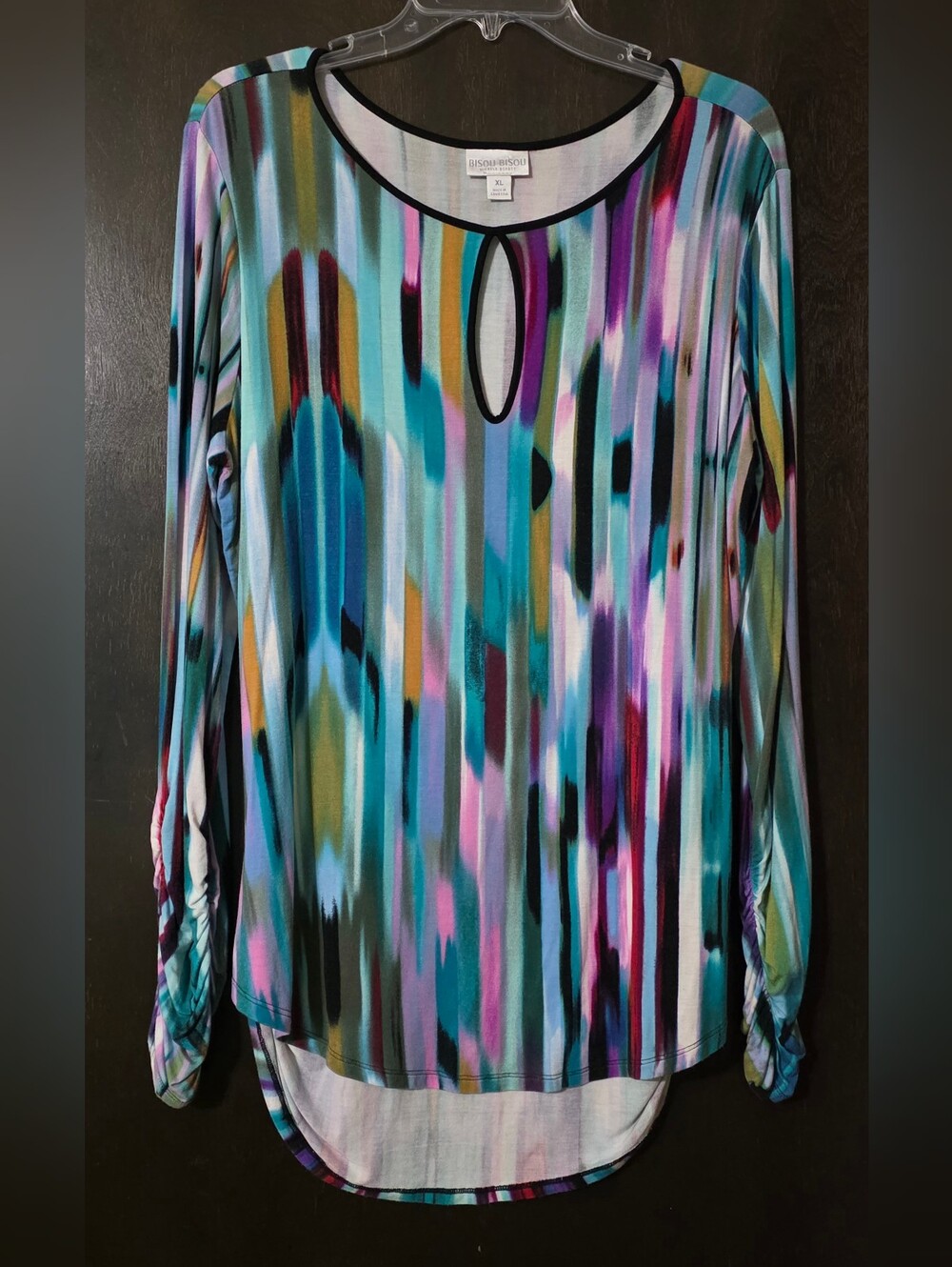 Bisou Bisou Multi-Color Long Sleeve Tunic Top Rouge Sleeves/Hips Size XL